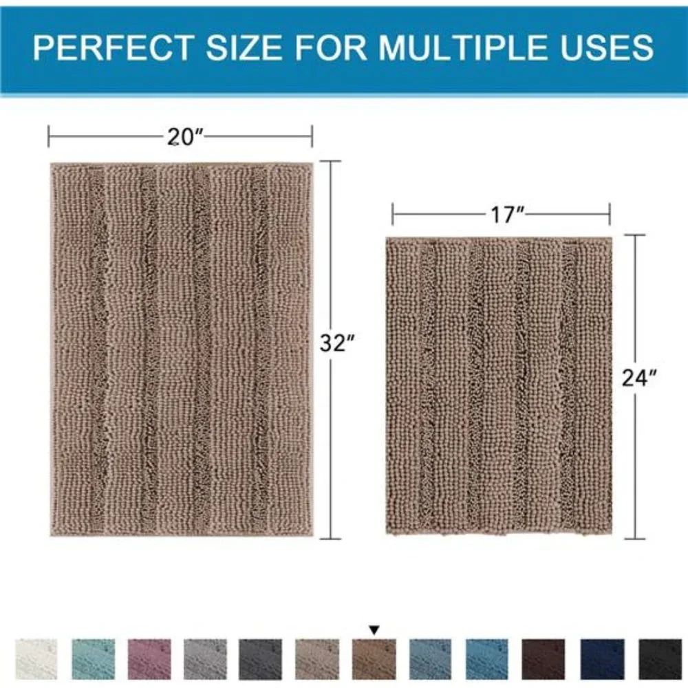 2 Piece Bathroom Set Extra Thick Chenille Striped Pattern Bath Rugs for Bathroom